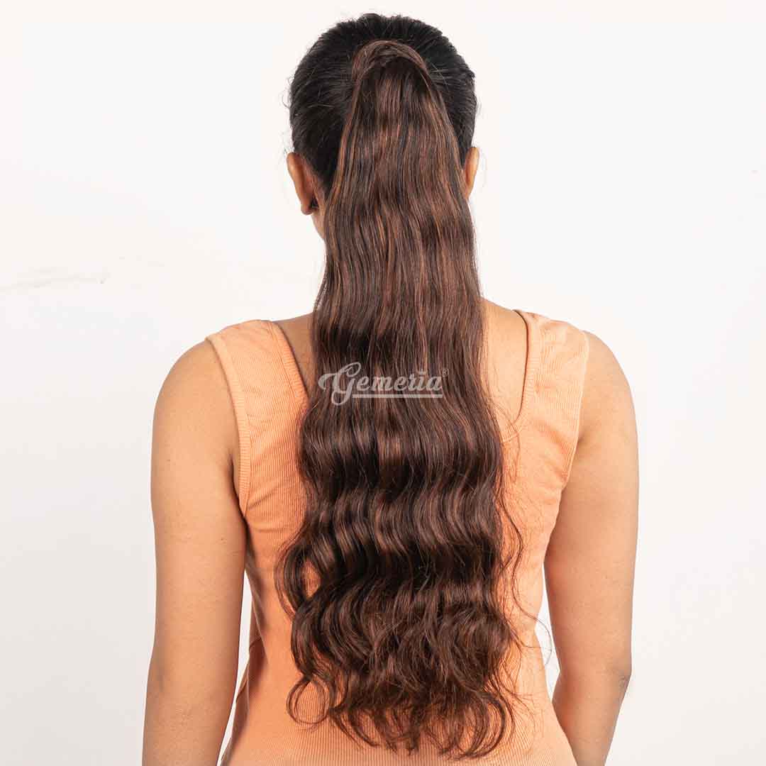Barrel brown balayage ponytail extension back look