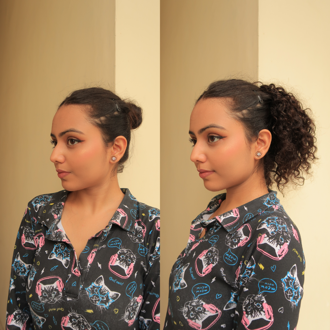 Before and after applying curly hair clip-in bun