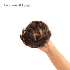 dark-brown-balayage-faux-scrunchie-bun