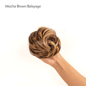 mocha-brown-balayage-faux-scrunchie-bun